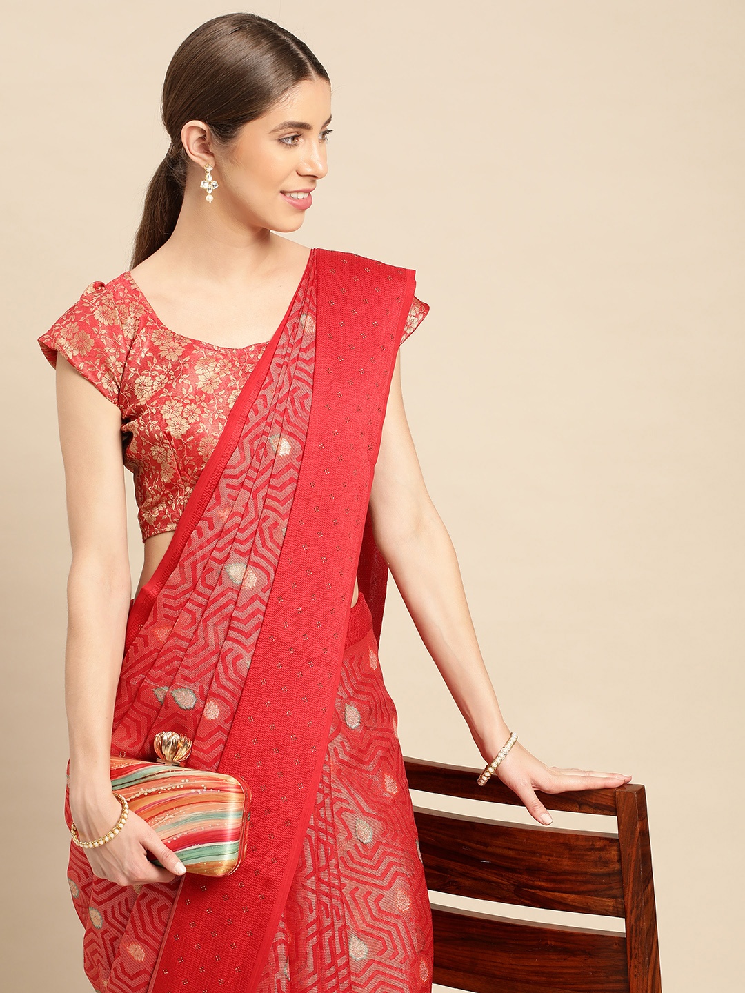 

Mitera Printed Beads & Stones Pure Chiffon Saree, Red