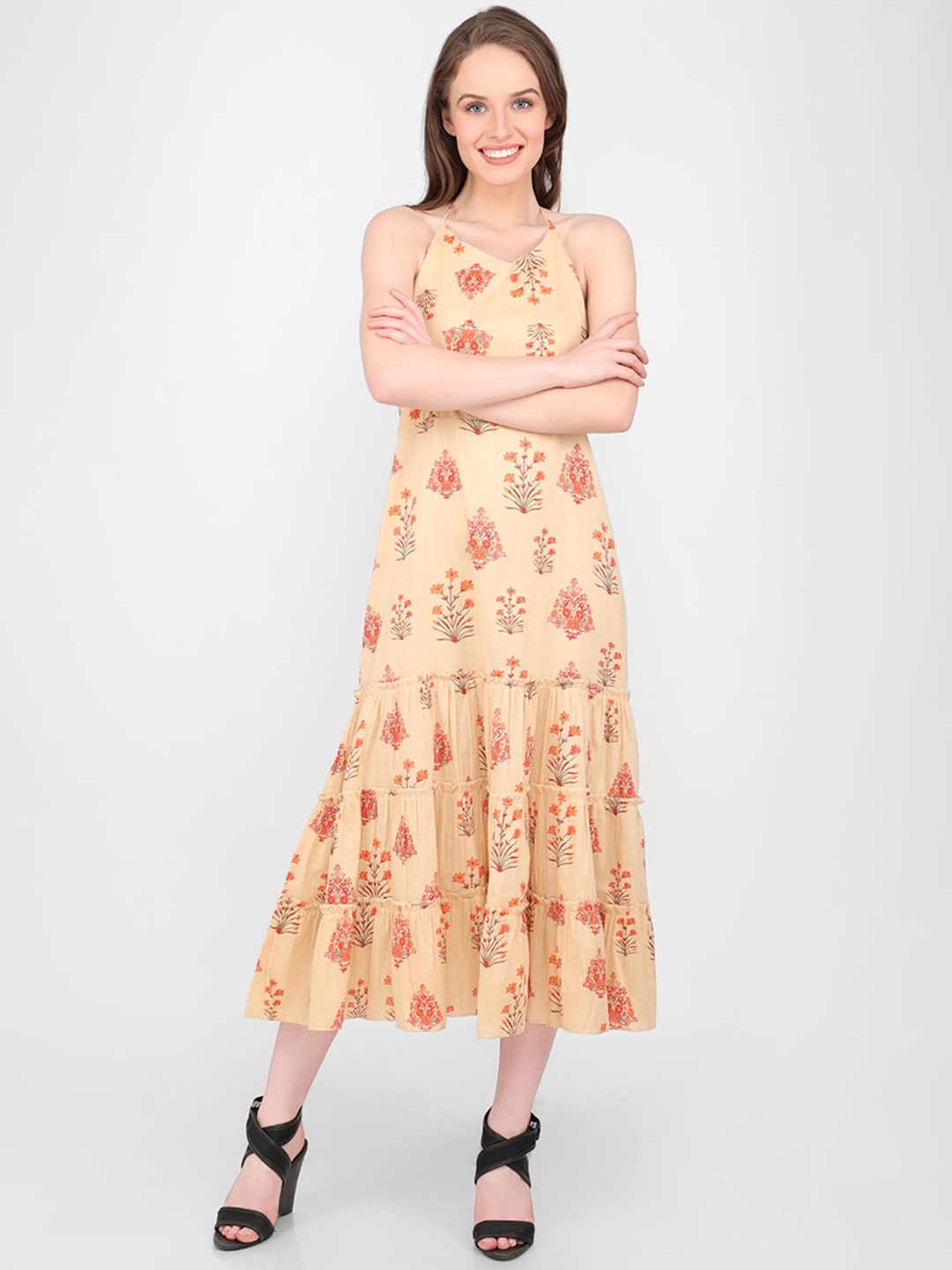 

MARC LOUIS Floral Printed Cotton Tiered Midi Dress, Beige