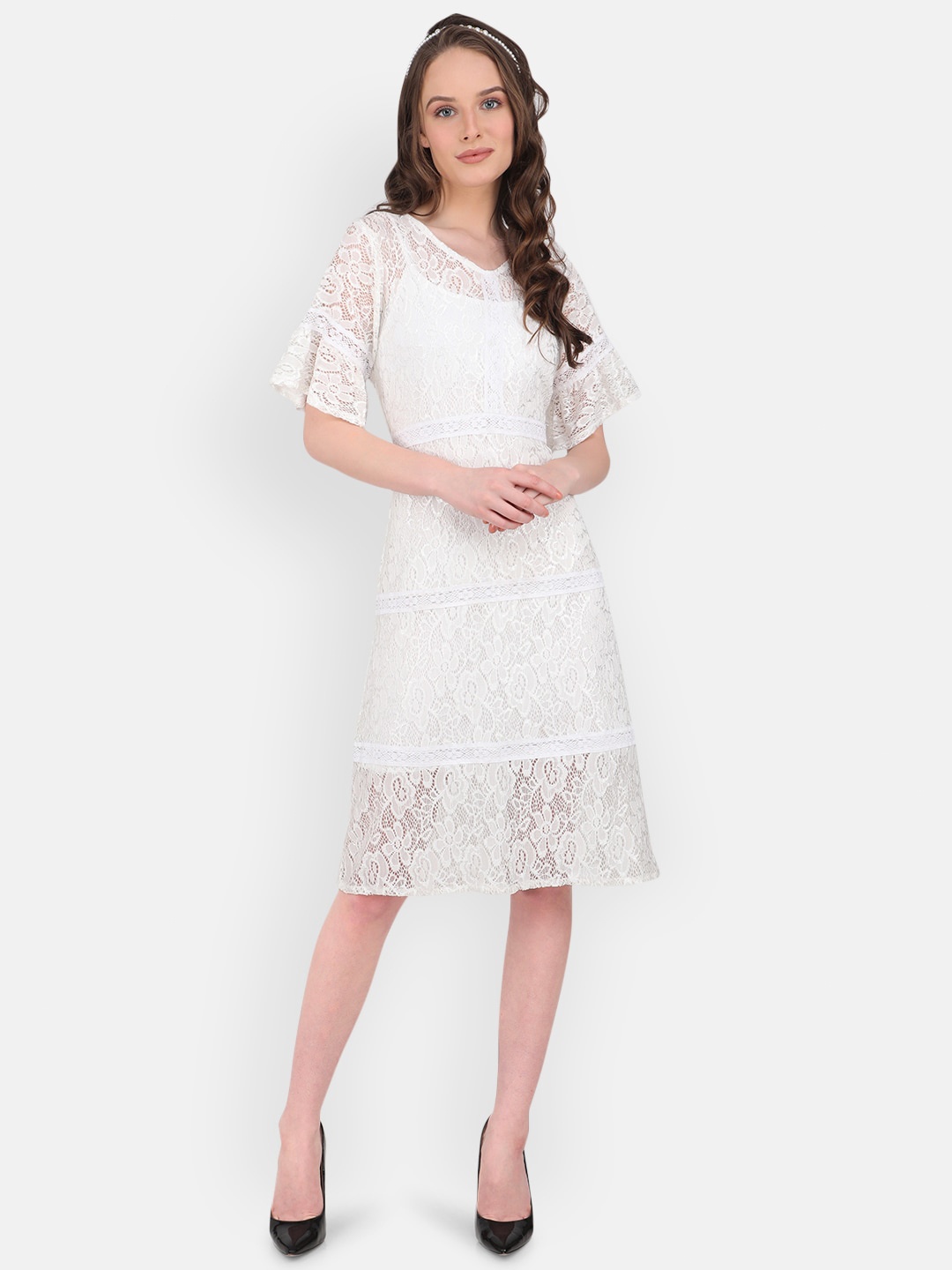 

MARC LOUIS Self Design Lace Sheath Dress, White