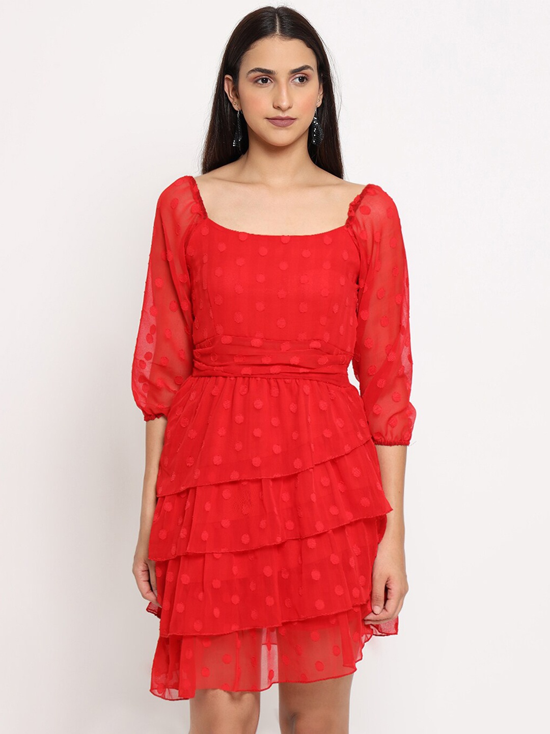 

MARC LOUIS Self Design Layered Georgette Dress, Red