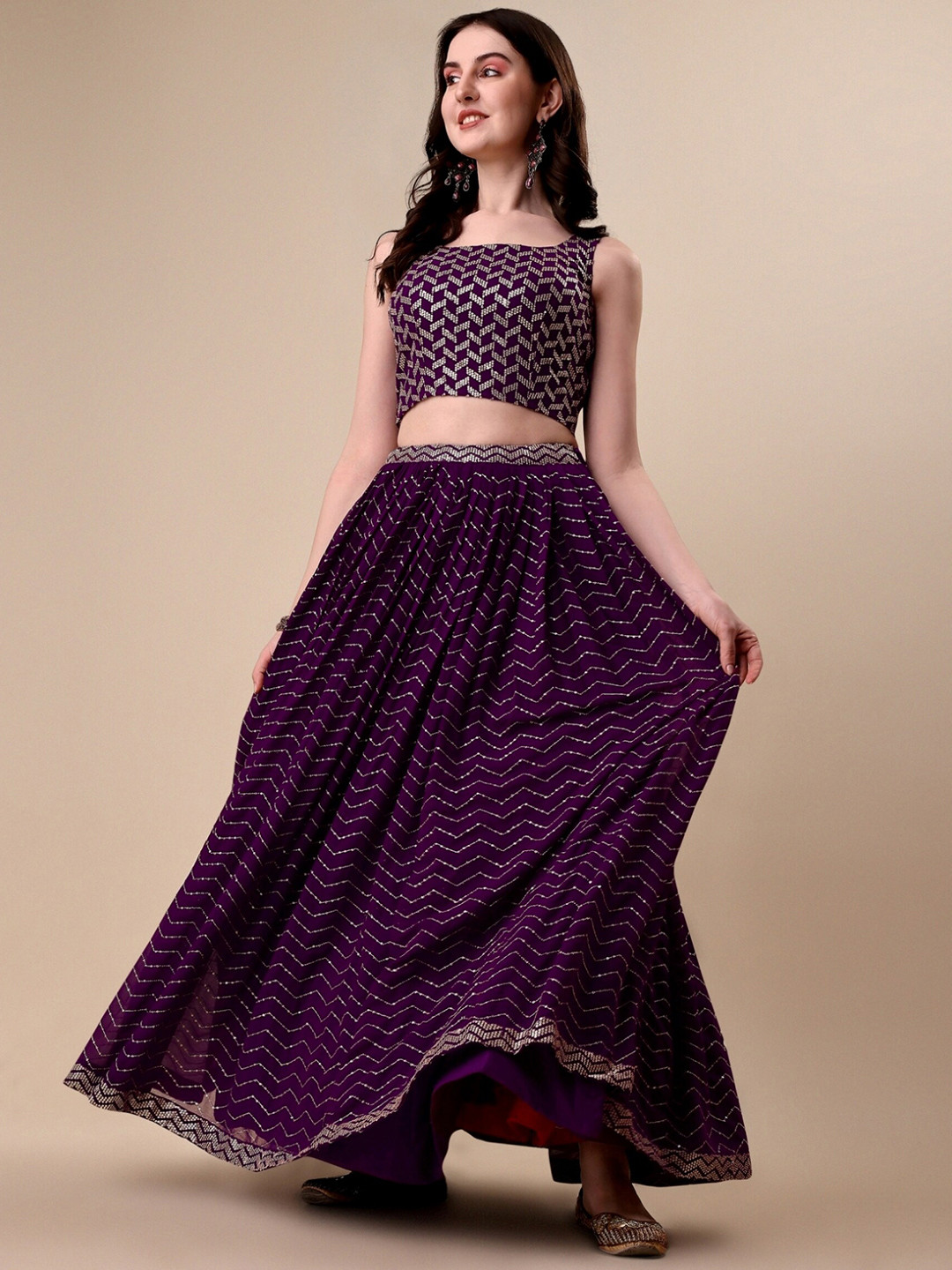 

Vaidehi Fashion Embroidered Sequinned Ready to Wear Lehenga & Blouse With Dupatta, Purple