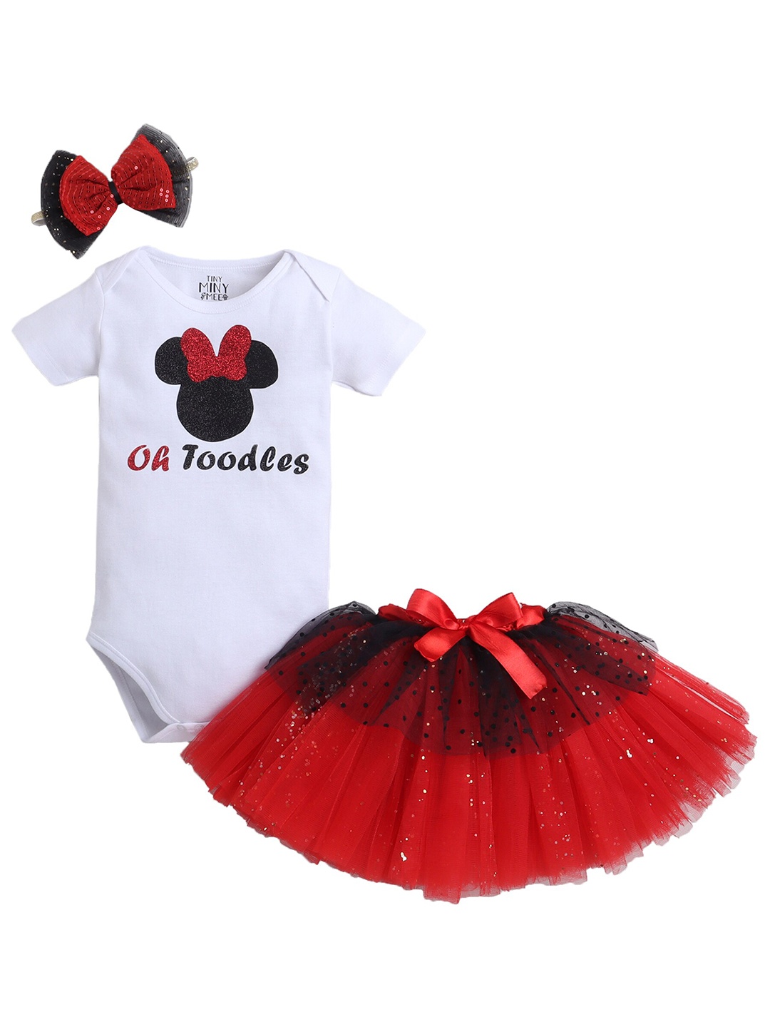 

TINY MINY ME Girls Embellished Bodysuit with Skirt And Headband, Red