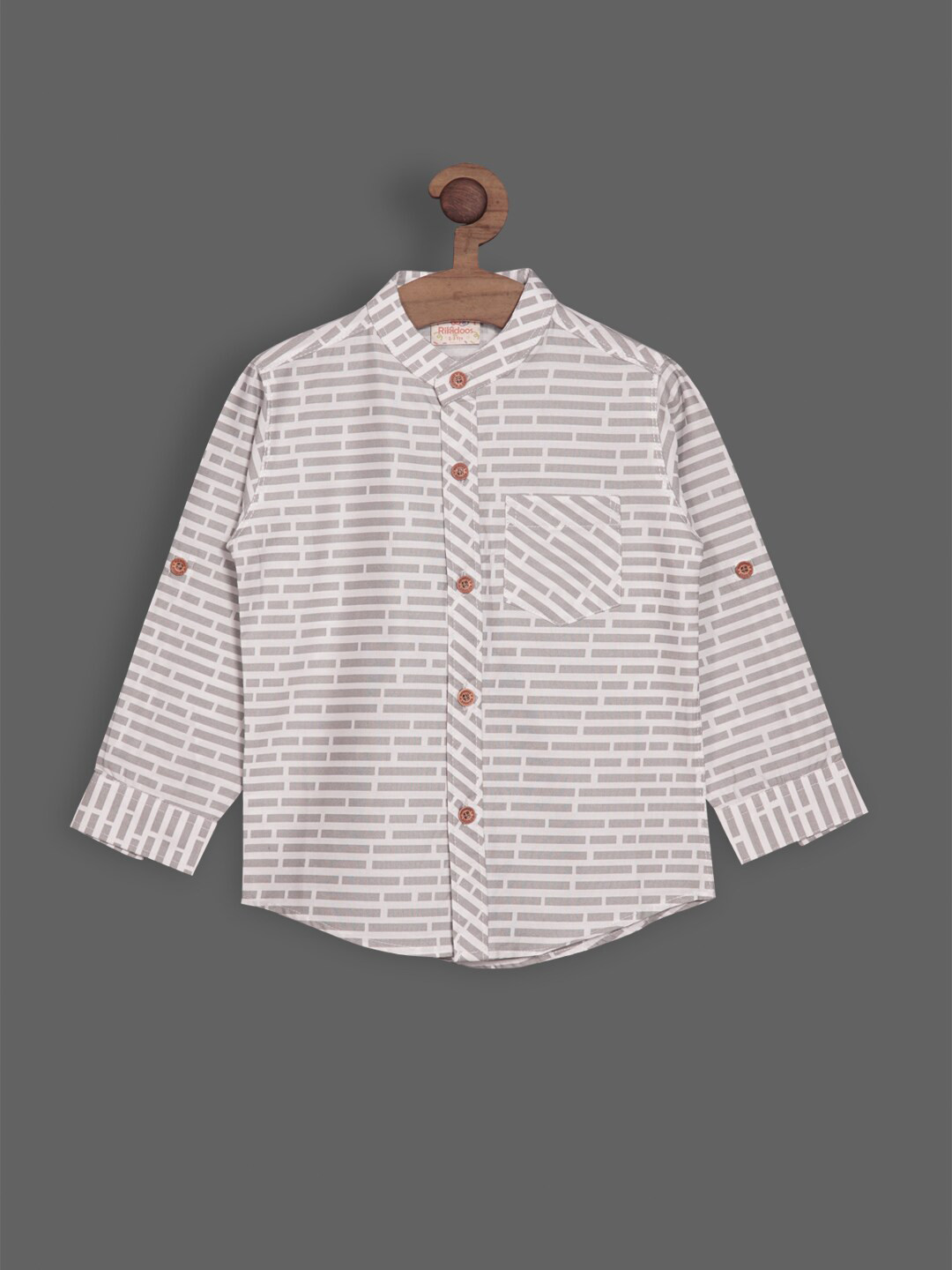 

RIKIDOOS Boys Contemporary Horizontal Striped Mandarin Collar Casual Cotton Shirt, Grey