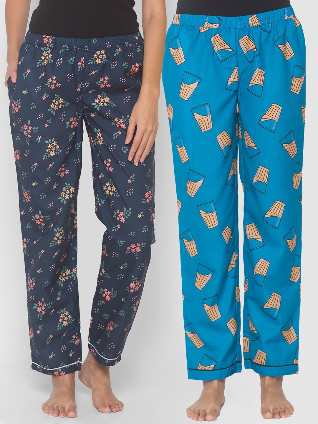 

FashionRack Women Pack Of 2 Printed Mid-Rise Cotton Lounge Pants, Blue