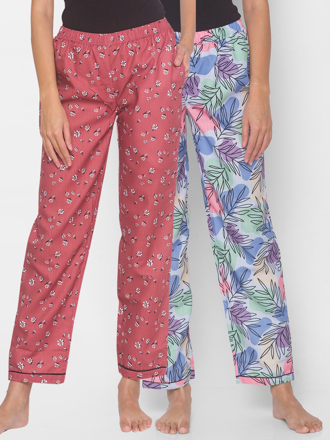 

FashionRack Women Pack Of 2 Printed Mid-Rise Cotton Lounge Pants, Peach