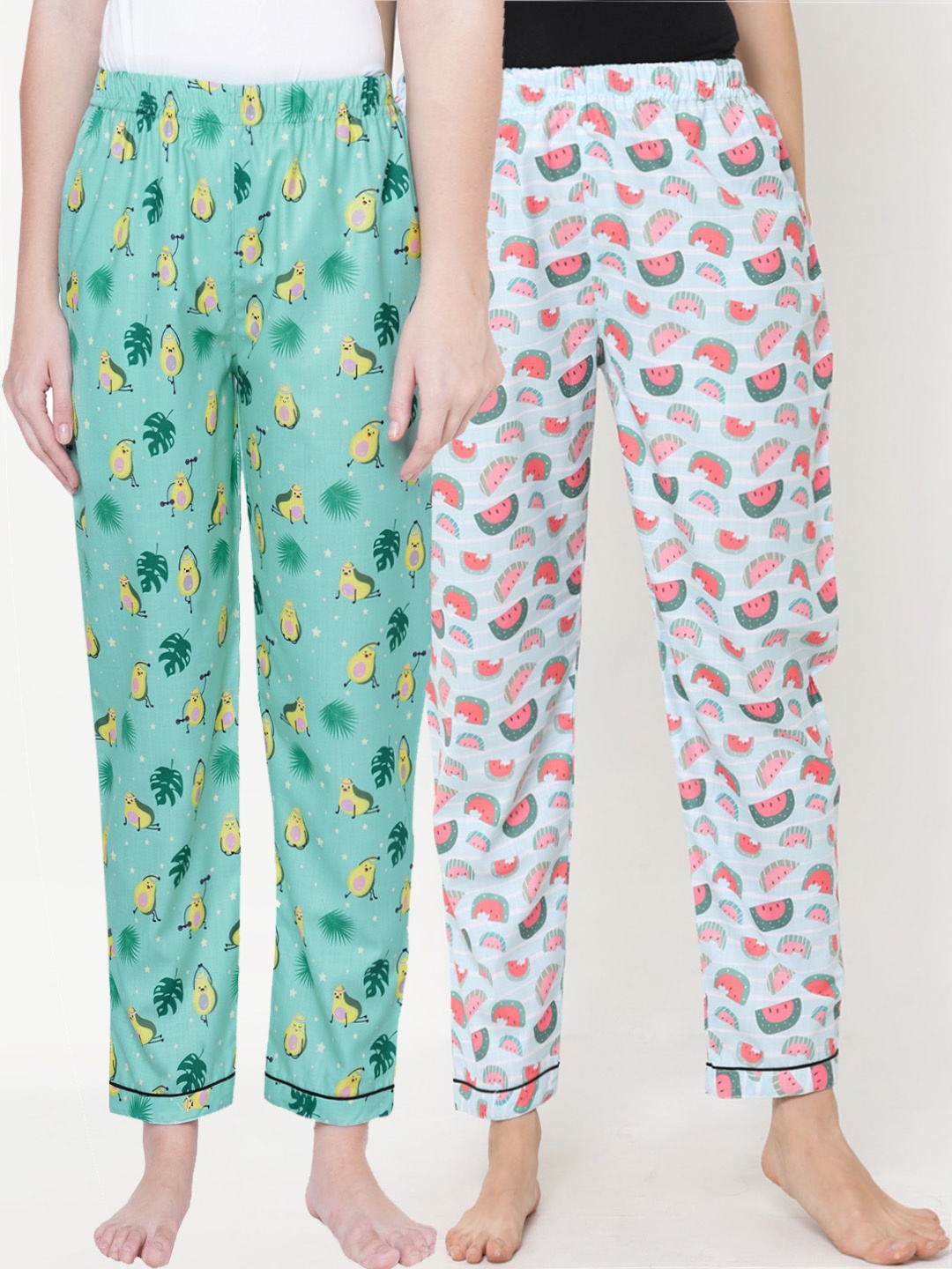 

FashionRack Women Pack Of 2 Printed Cotton Mid-Rise Lounge Pants, Green
