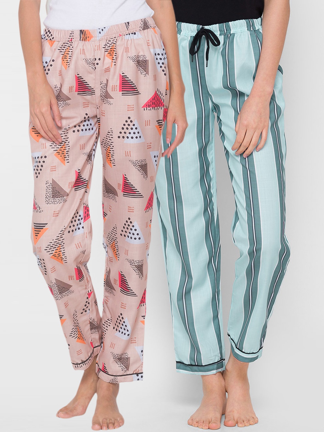 

FashionRack Women Pack Of 2 Printed Mid-Rise Cotton Lounge Pants, Beige