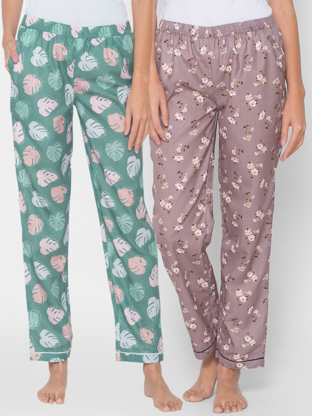 

FashionRack Women Pack of 2 Printed Mid-Rise Cotton Lounge Pants, Sea green