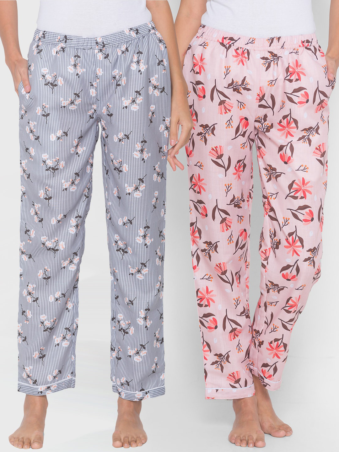 

FashionRack Women Pack Of 2 Printed Cotton Mid-Rise Lounge Pants, Grey