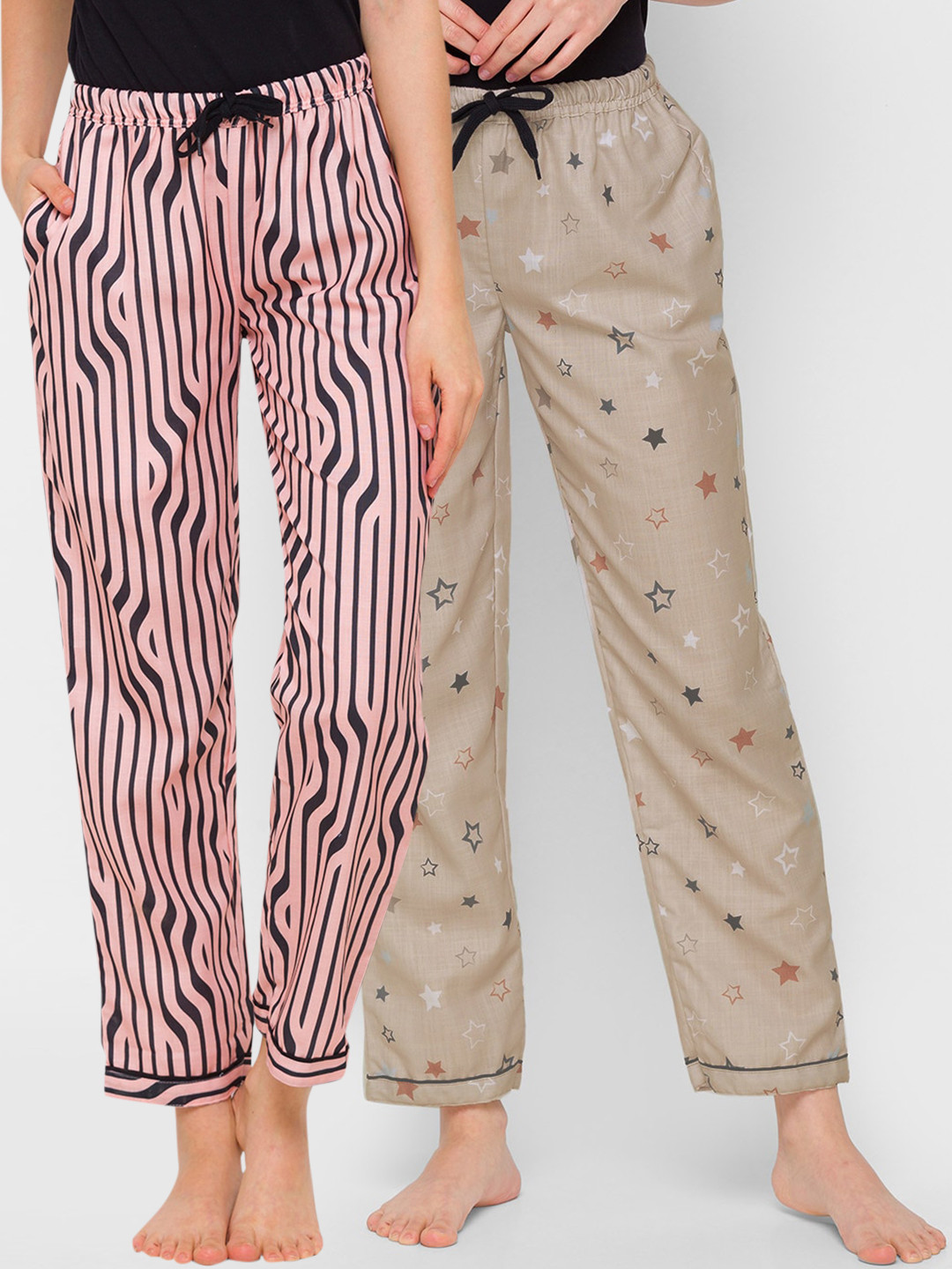 

FashionRack Women Pack Of 2 Cotton Printed Lounge Pants, Beige