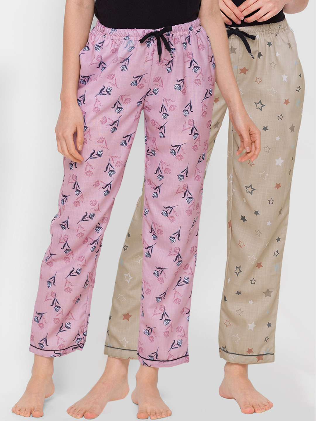

FashionRack Women Pack Of 2 Cotton Printed Lounge Pants, Beige