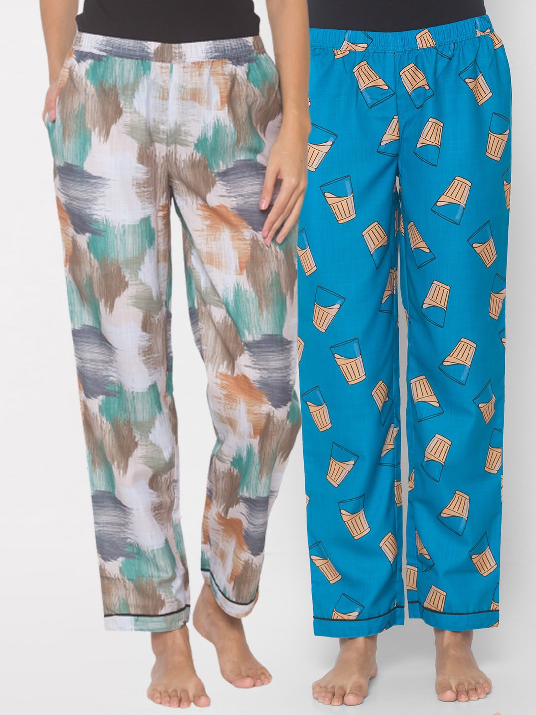 

FashionRack Women Pack Of 2 Cotton Printed Lounge Pants, Beige