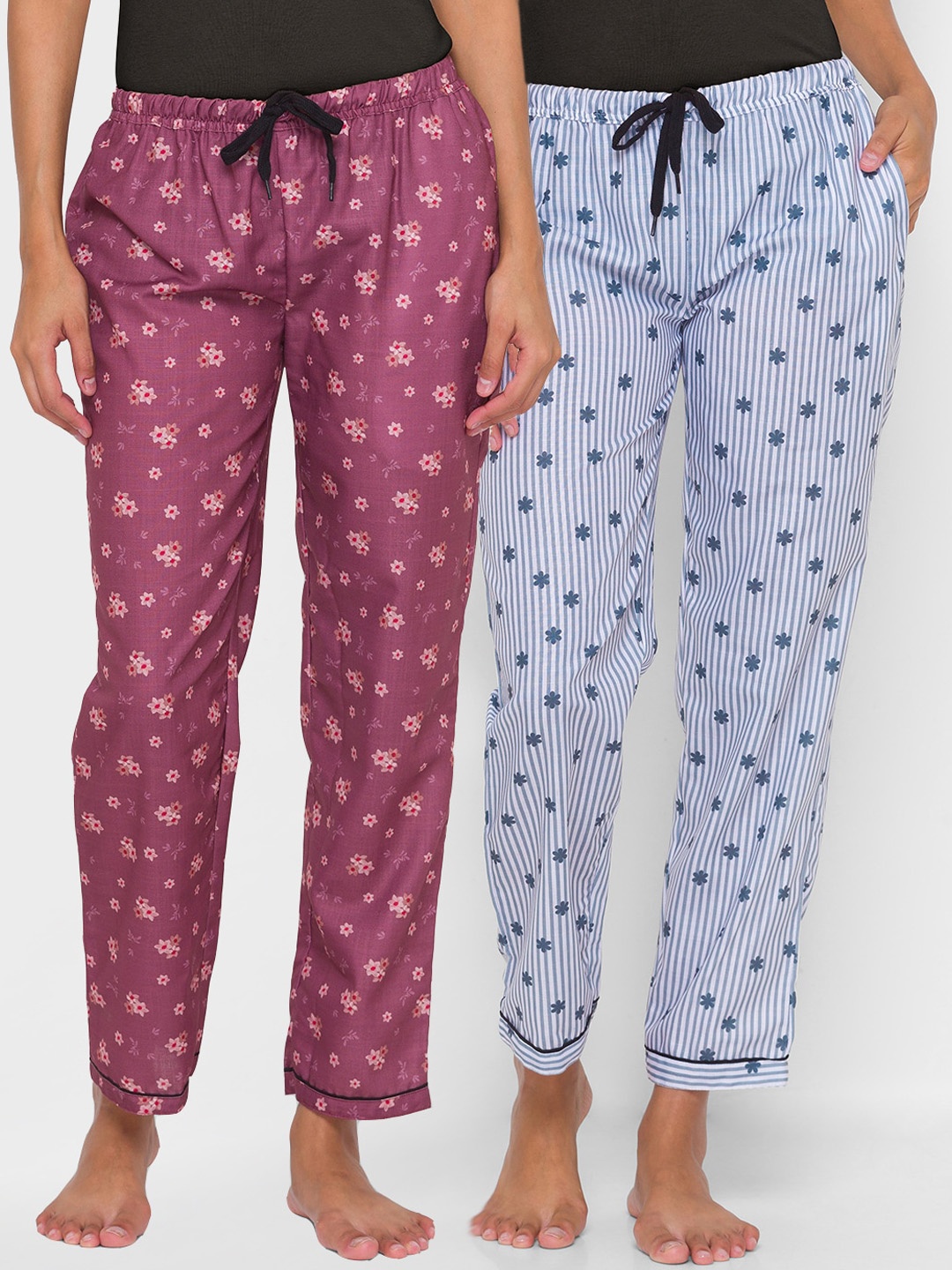 

FashionRack Women Pack Of 2 Printed Cotton Mid-Rise Lounge Pants, Purple