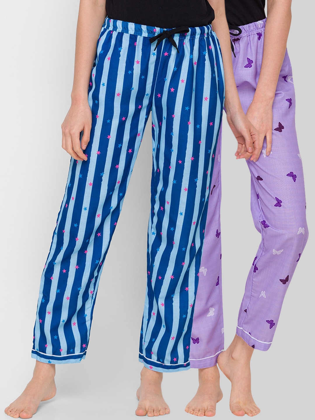 

FashionRack Women Pack Of 2 Printed Cotton Mid-Rise Lounge Pants, Blue