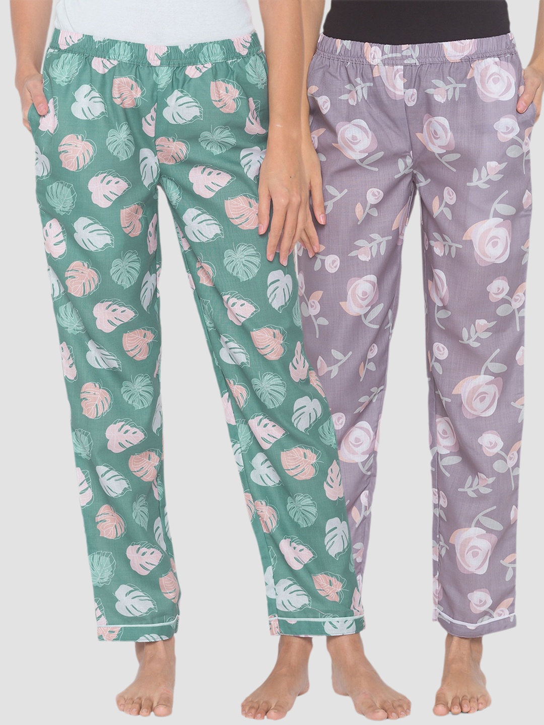 

FashionRack Women Pack Of 2 Printed Cotton Mid-Rise Lounge Pants, Green