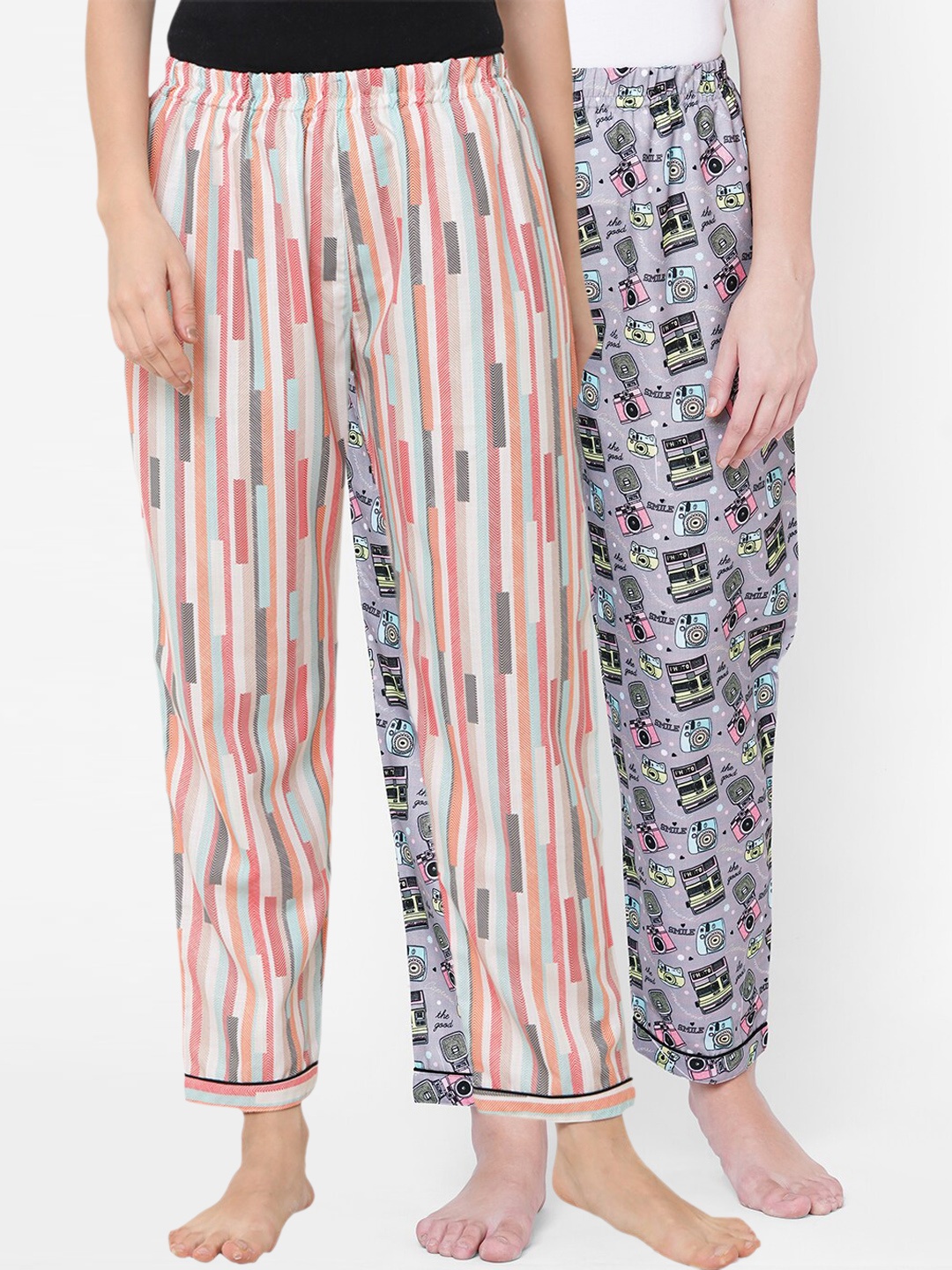 

FashionRack Women Pack Of 2 Printed Cotton Mid-Rise Lounge Pants, Pink
