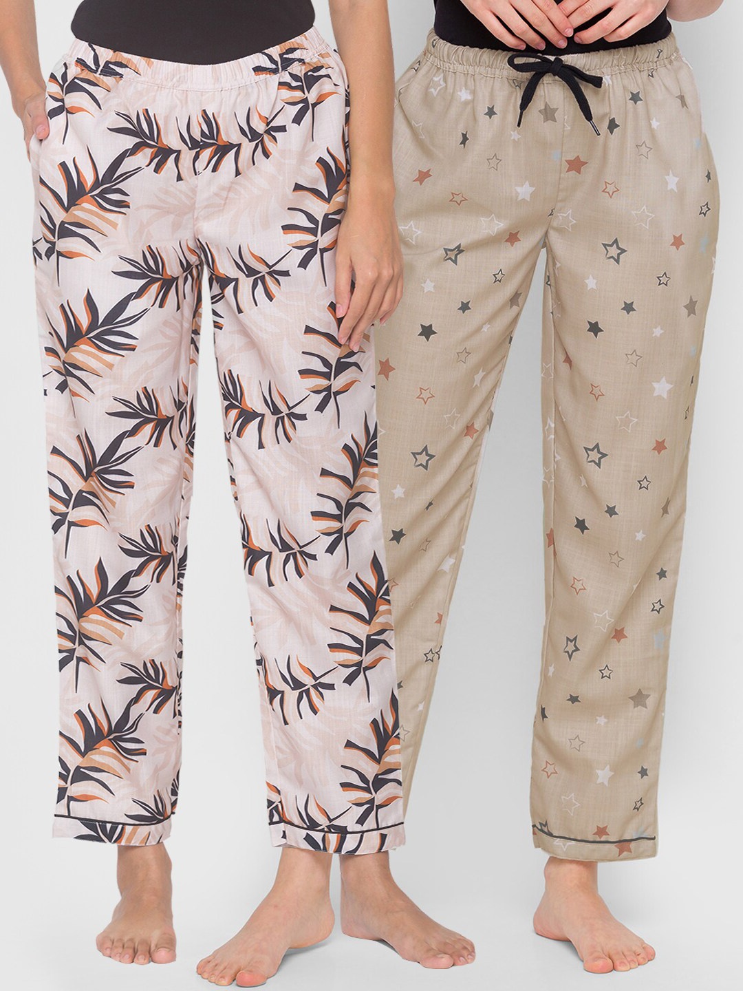

FashionRack Women Pack Of 2 Printed Cotton Lounge Pants, Beige