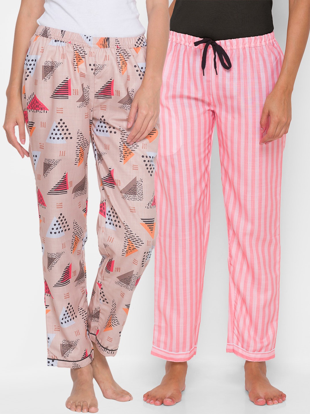 

FashionRack Women Set Of 2 Printed Cotton Lounge Pants, Beige