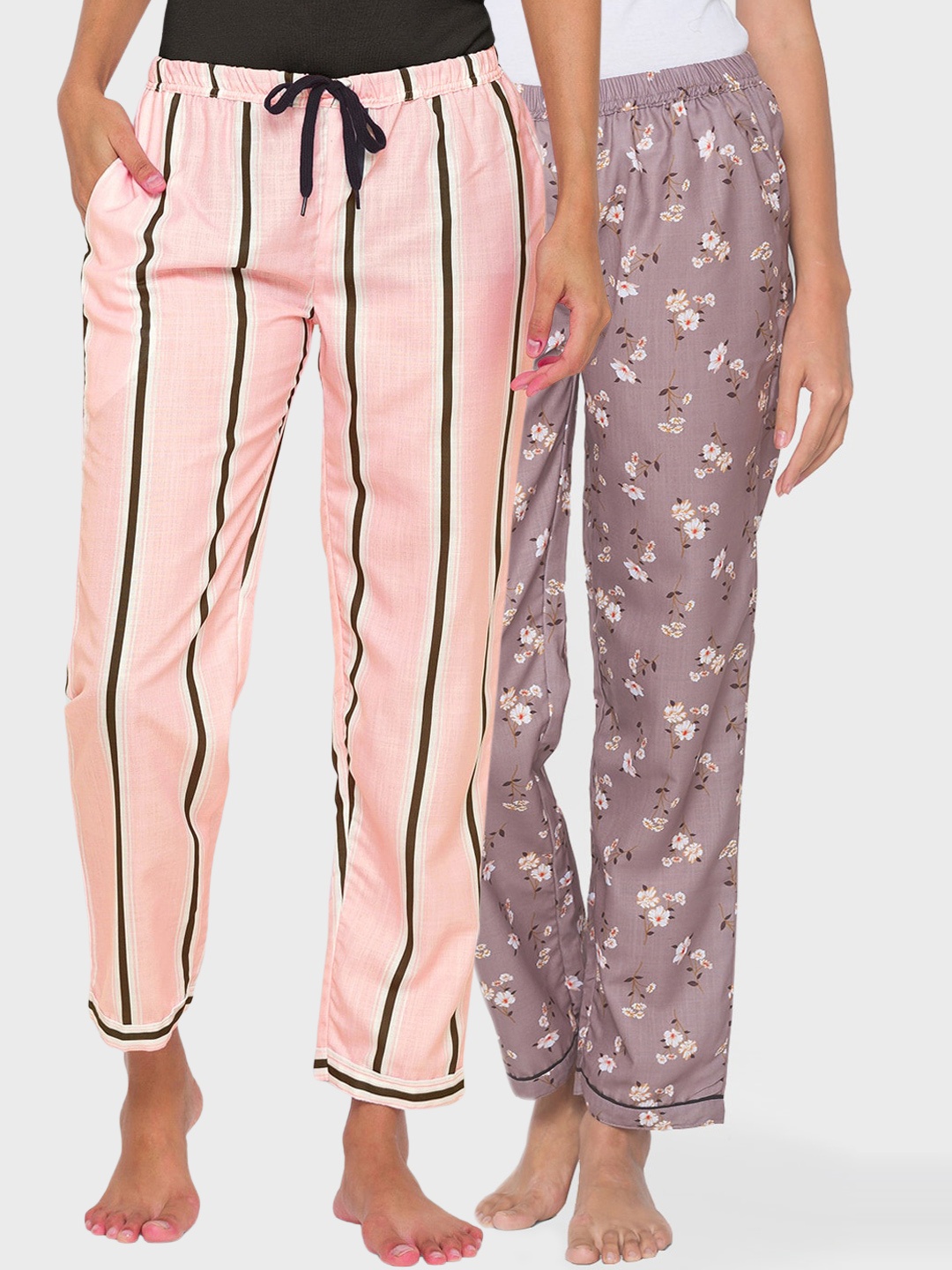 

FashionRack Women Pack Of 2 Striped Cotton Mid-Rise Lounge Pants, Pink