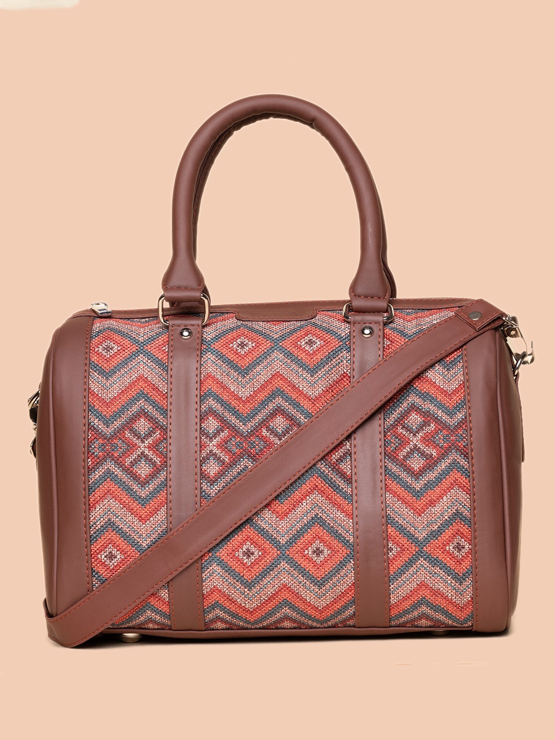 

ZOUK Geometric Printed Structured Handheld Bag, Brown