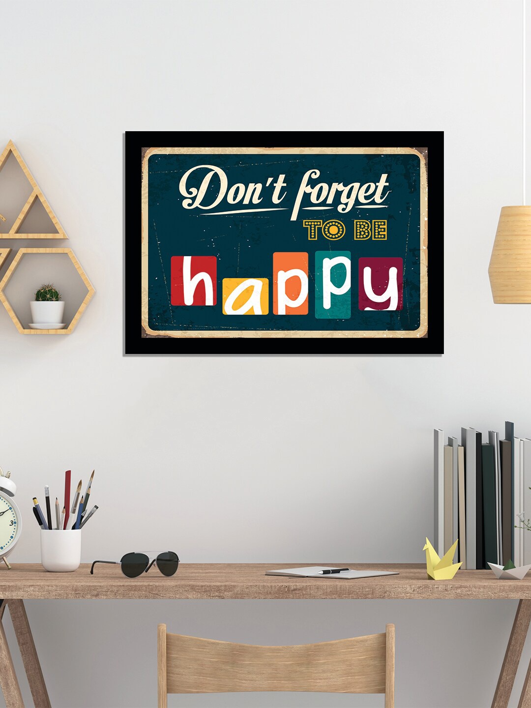 

WENS Black & Blue Happy Quotes Painted Wall Art