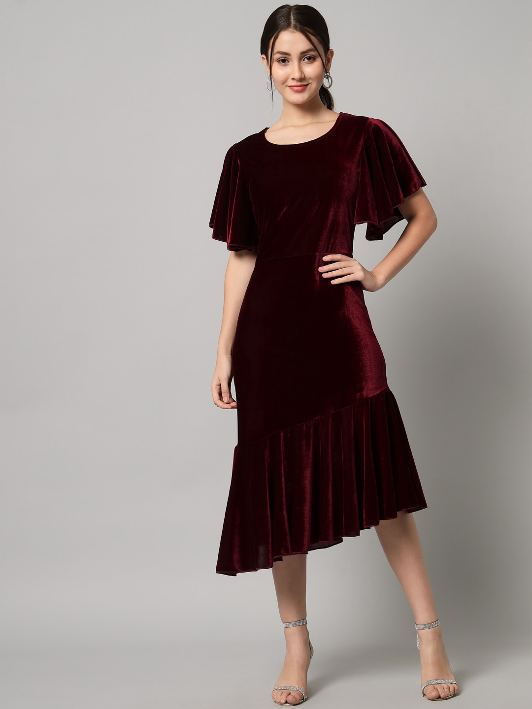 

VAARARO Round Neck Velvet A-Line Midi Dress, Maroon