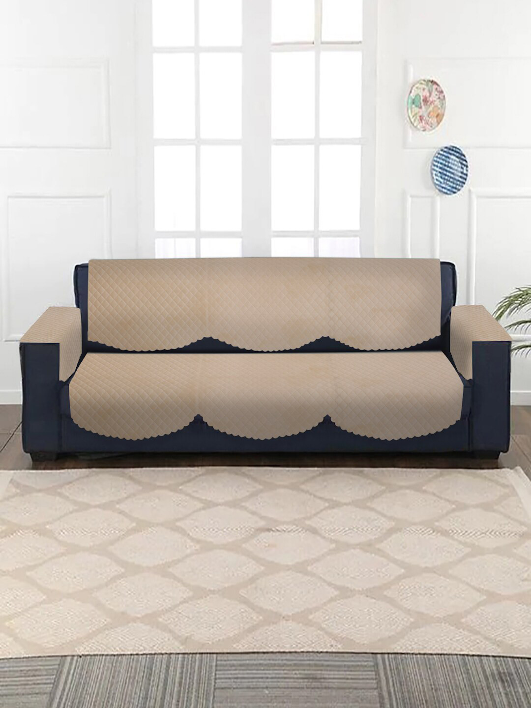 

HOSTA HOMES Beige Self-Design Velvet Quilted 3-Seater Sofa Cover With Arm Rest Cover