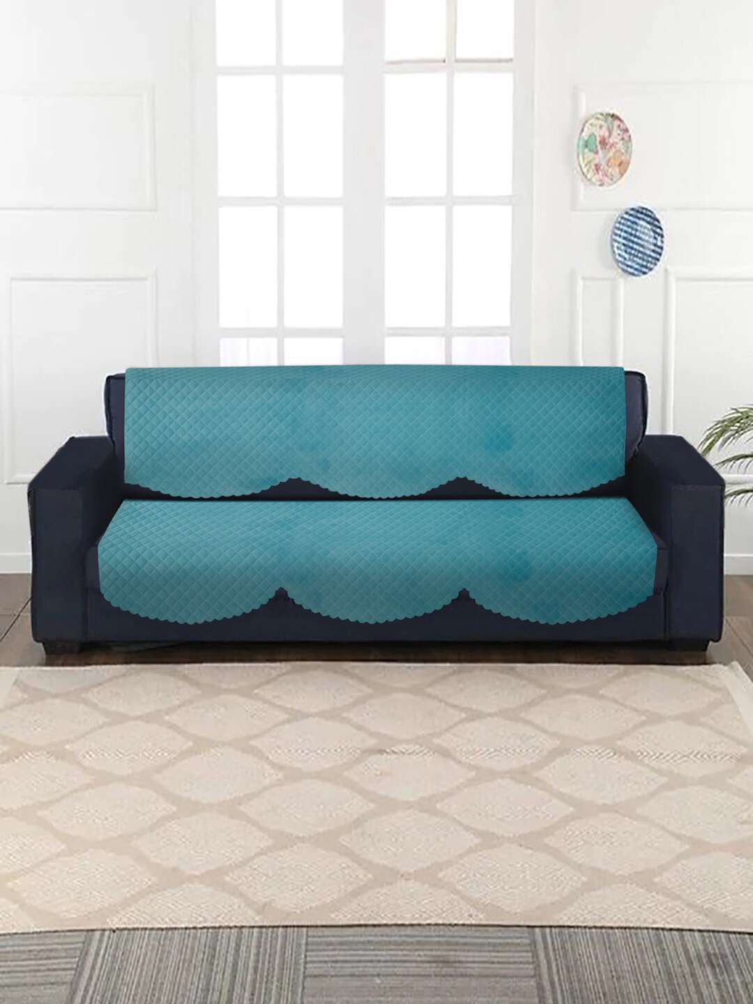 

HOSTA HOMES Turquoise Blue Velvet Quilted 3-Seater Sofa Cover With Arm Rest Cover