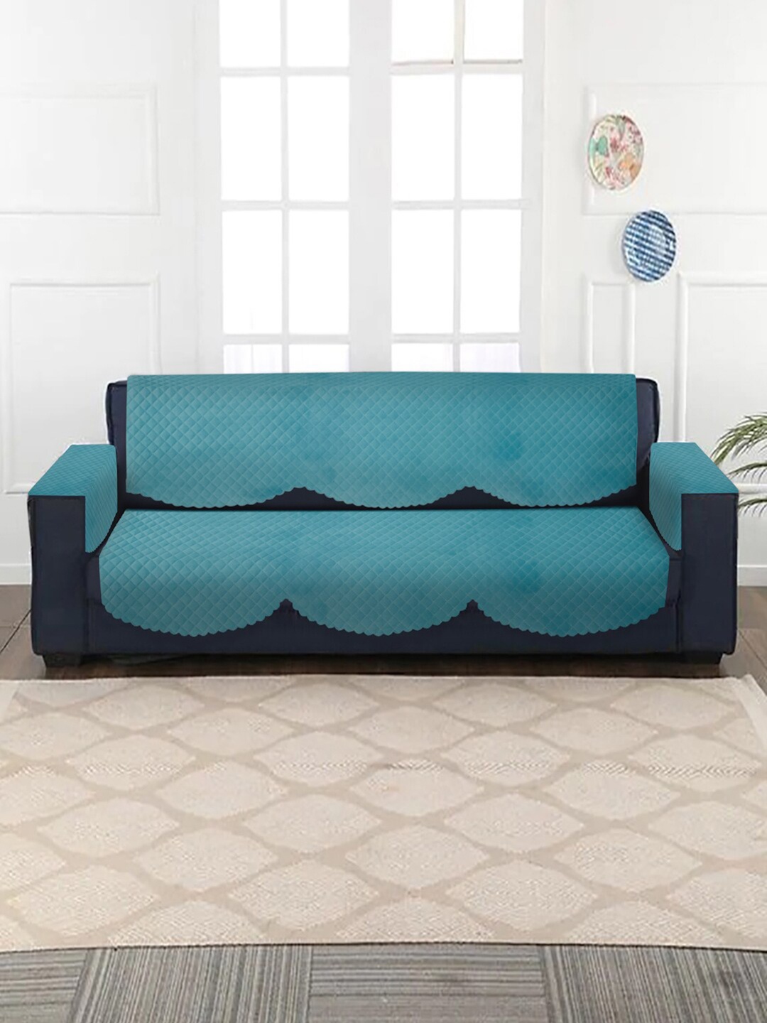

HOSTA HOMES Turquoise Blue Quilted Velvet 3-Seater Sofa Cover With Arm Rest Cover