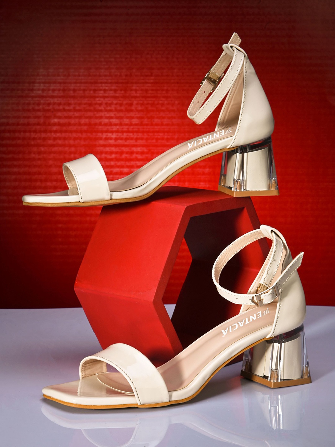 

Fentacia Open Toe Block Heels, Cream