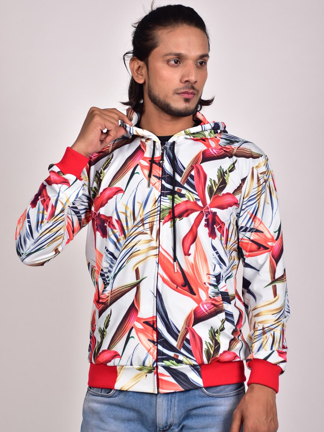 

Rajoria Instyle Men Floral Printed Lightweight Dry Fit Bomber Jacket, White