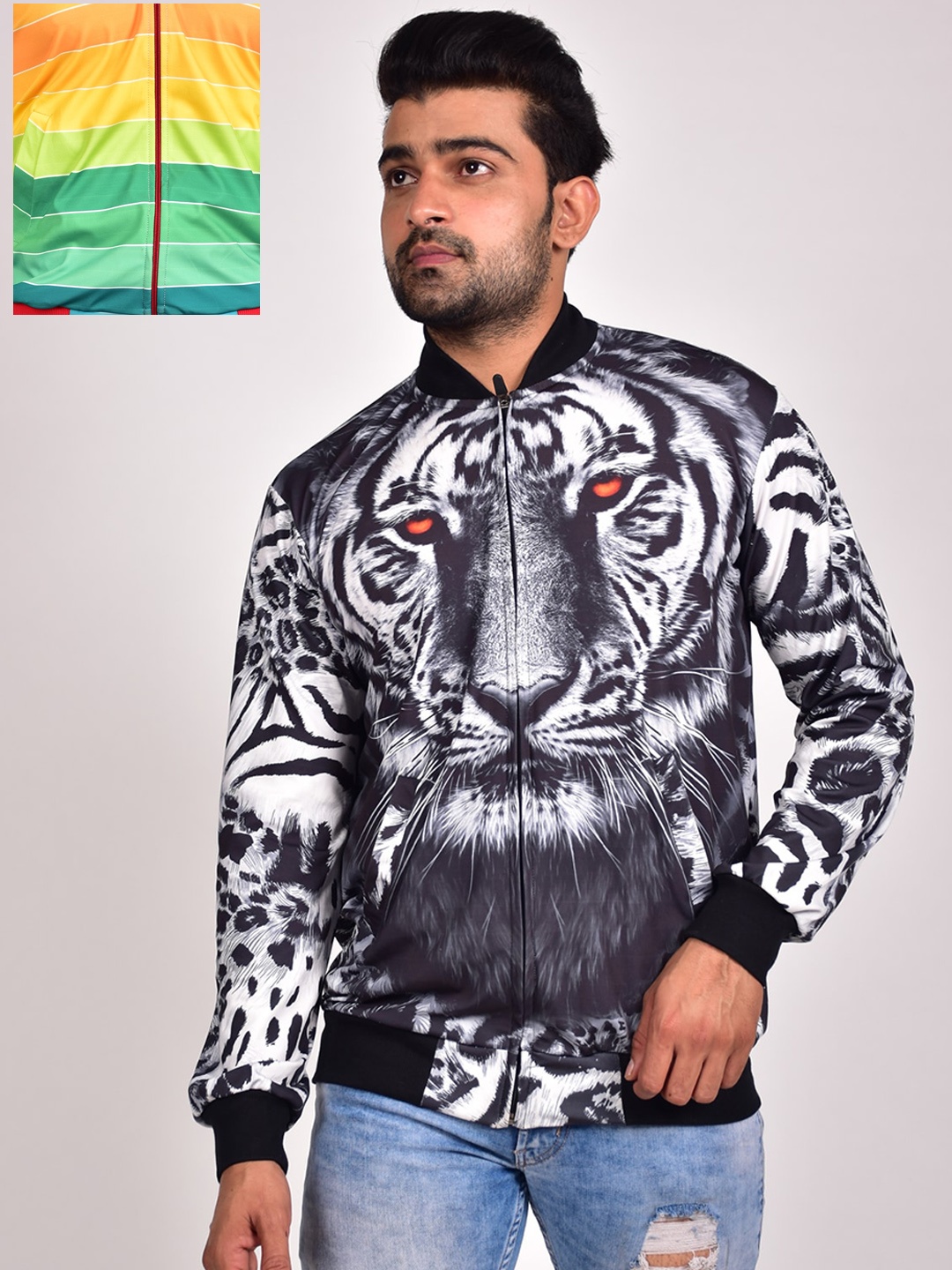 

Rajoria Instyle Men Graphic Printed Lightweight Bomber Jacket, Black