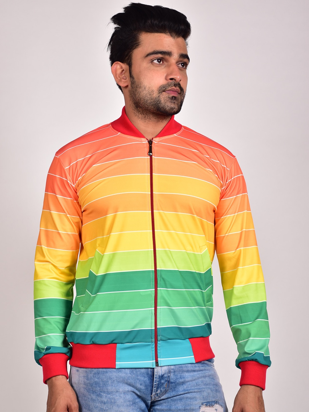 

Rajoria Instyle Men Striped Lightweight Bomber Jacket, Orange