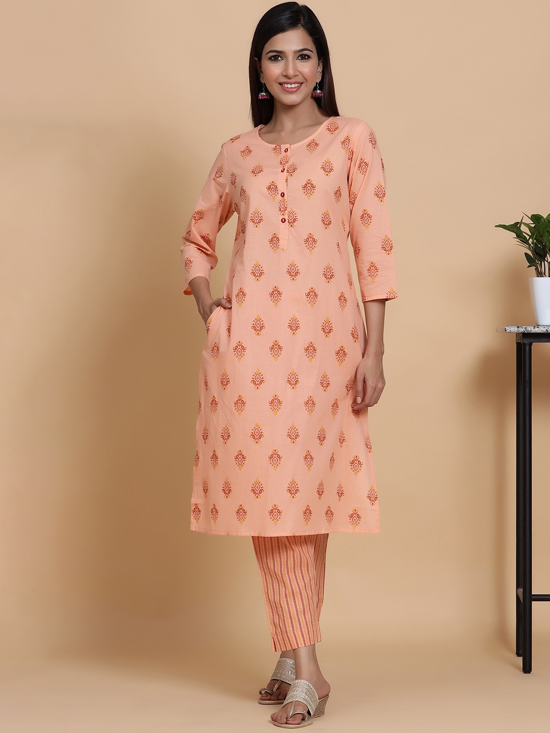 

mirari Women Ethnic Motifs Printed Pure Cotton A-Line Kurta with Trousers, Peach