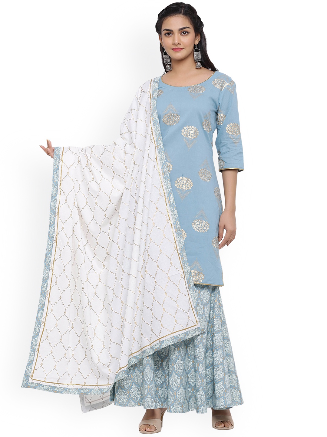 

mirari Ethnic Motifs Printed Pure Cotton Kurta with Sharara & Dupatta, Turquoise blue