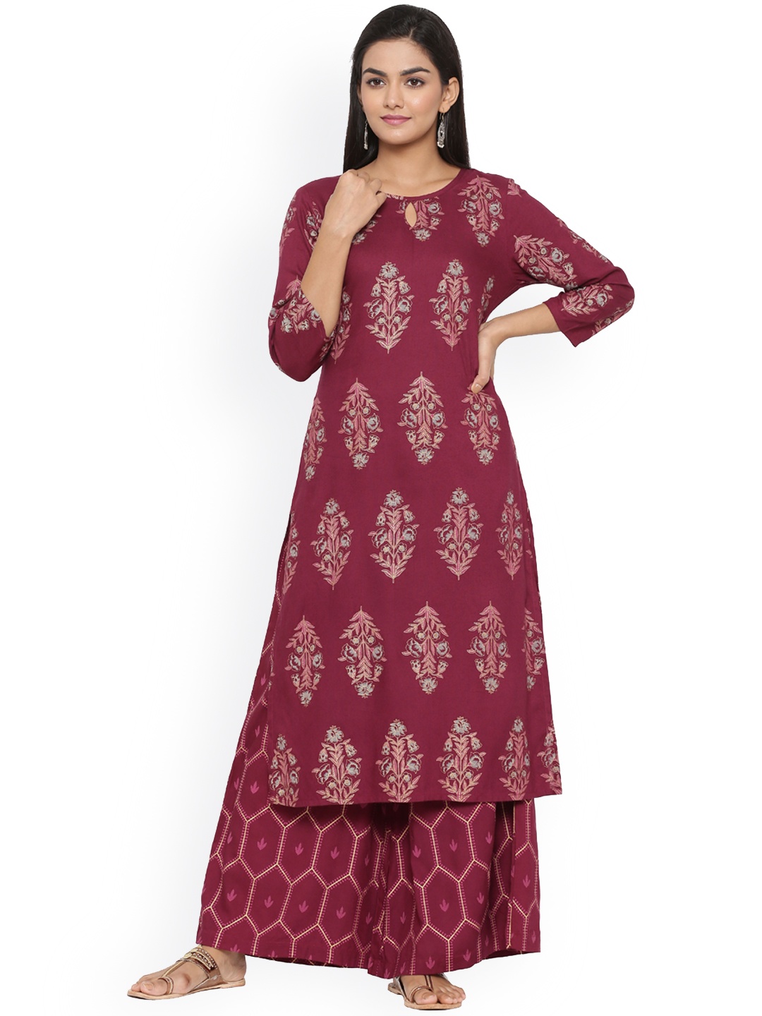 

mirari Women Floral Printed Kurta with Palazzos, Maroon