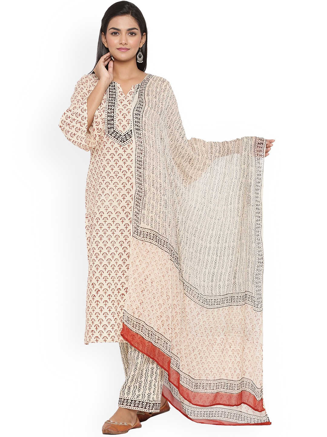 

mirari Women Ethnic Motifs Printed Pure Cotton Kurta with Palazzos & Dupatta, Beige
