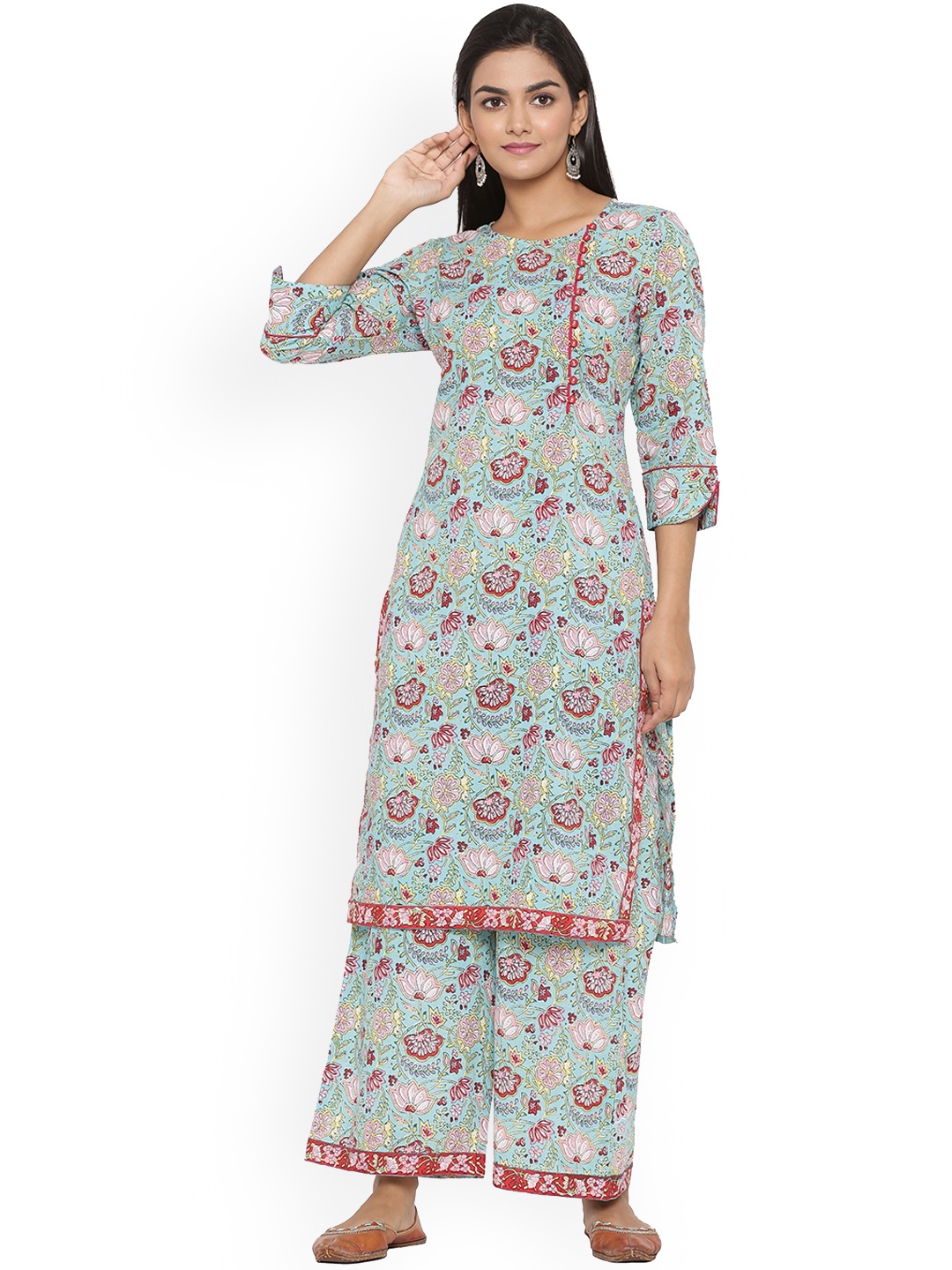 

mirari Floral Printed Pure Cotton Kurta with Palazzos, Turquoise blue