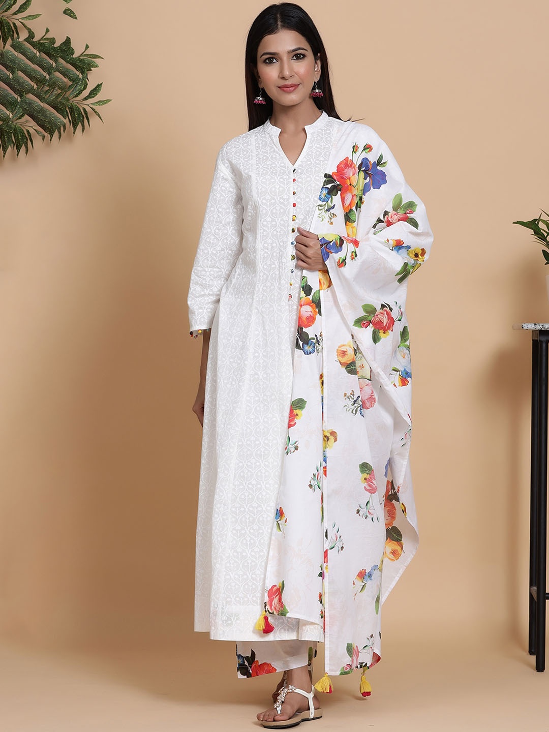 

mirari Floral Pure Cotton Kurta with Palazzos & With Dupatta, White