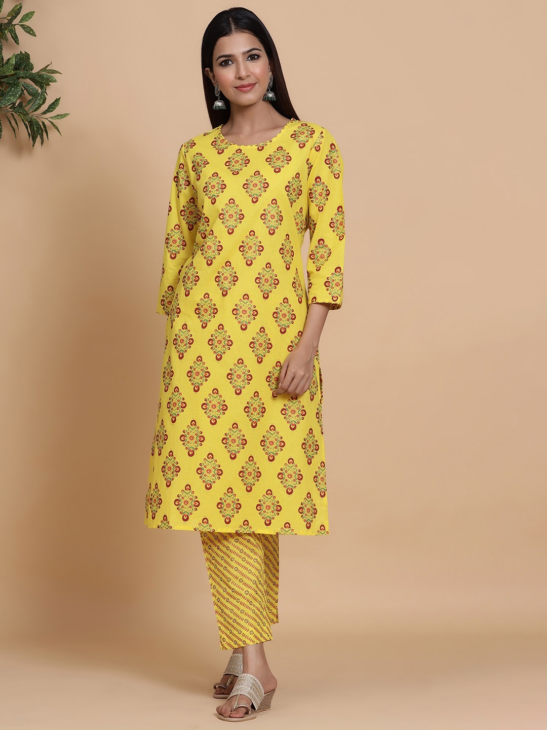 

mirari Women Ethnic Motifs Printed Pure Cotton Kurta with Trousers, Yellow