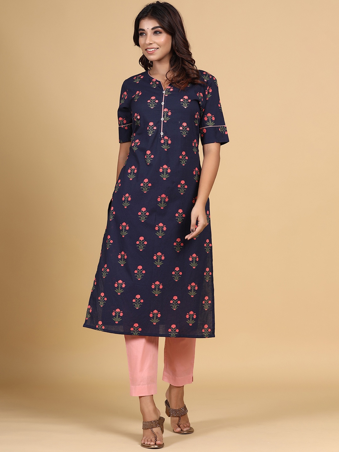 

mirari Women Floral Printed Pure Cotton Kurta with Trousers, Navy blue