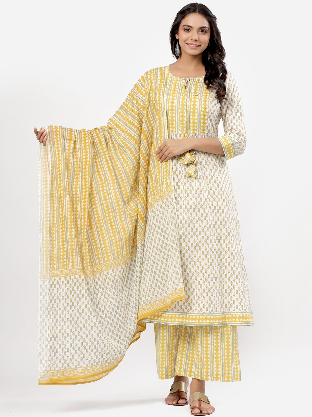 

mirari Women Floral Printed Beads and Stones Pure Cotton Kurta with Palazzos & Dupatta, Yellow