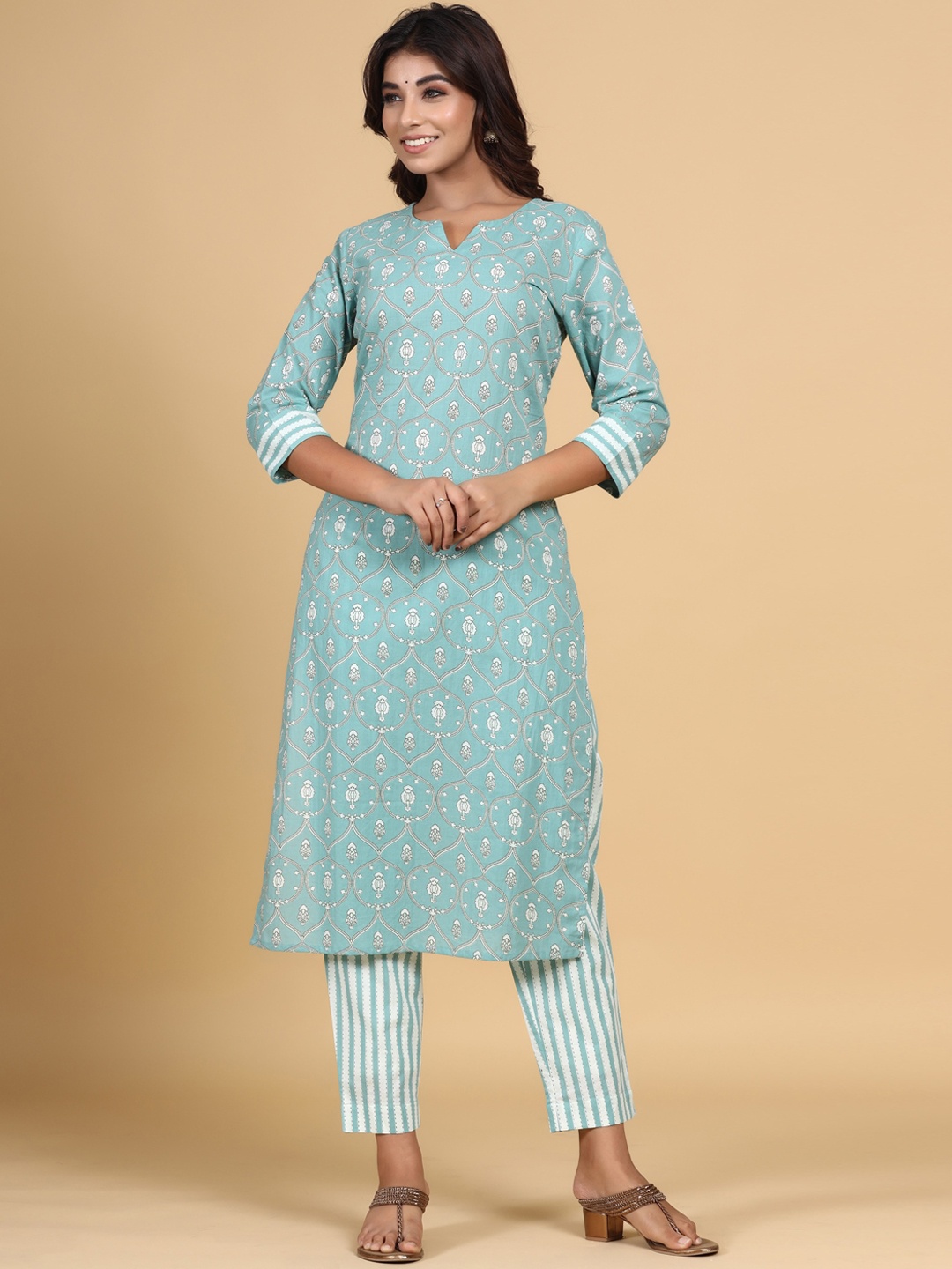 

mirari Women Ethnic Motifs Printed Pure Cotton Kurta with Trousers, Turquoise blue