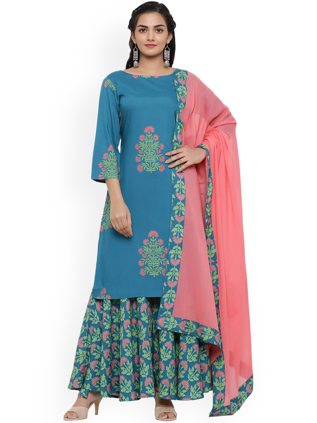 

mirari Women Boat Neck Floral Printed Kurta With Sharara & Dupatta, Blue