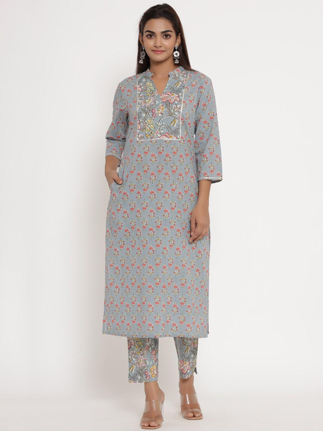 

mirari Women Floral Printed Pure Cotton Kurta with Trousers, Grey