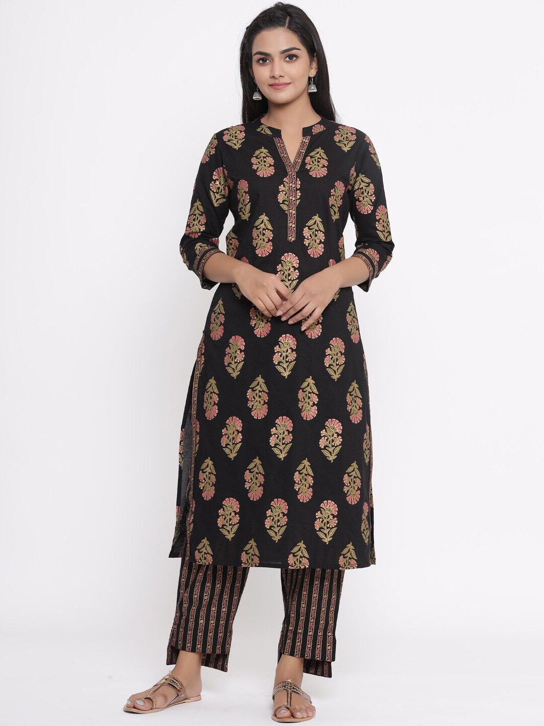 

mirari Women Ethnic Motif Printed Pure Cotton Kurta with Trousers, Black
