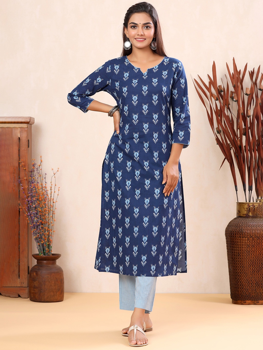 

mirari Printed Pure Cotton Kurta Set, Navy blue