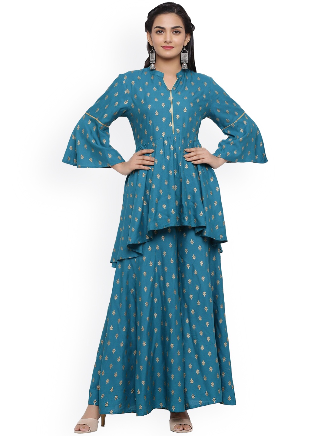 

mirari Ethnic Motifs Printed Kurta with Palazzos Set, Turquoise blue