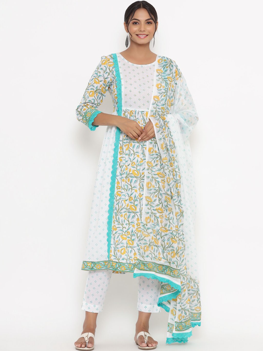 

mirari Floral Printed Pure Cotton A-Line Kurta with Trousers & With Dupatta, White