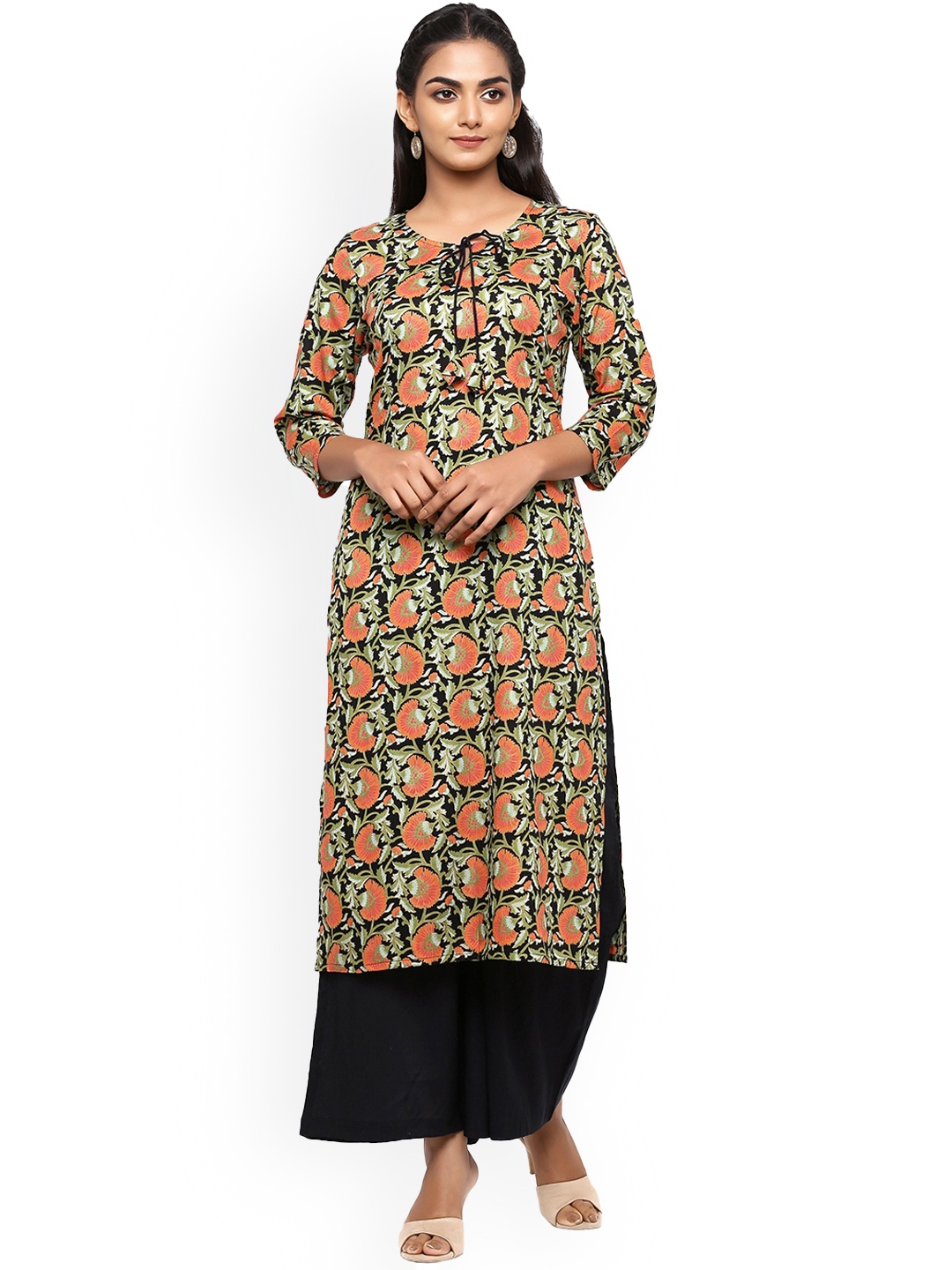 

mirari Women Tie-Up Neck Printed Pure Cotton Kurta With Palazzos, Black